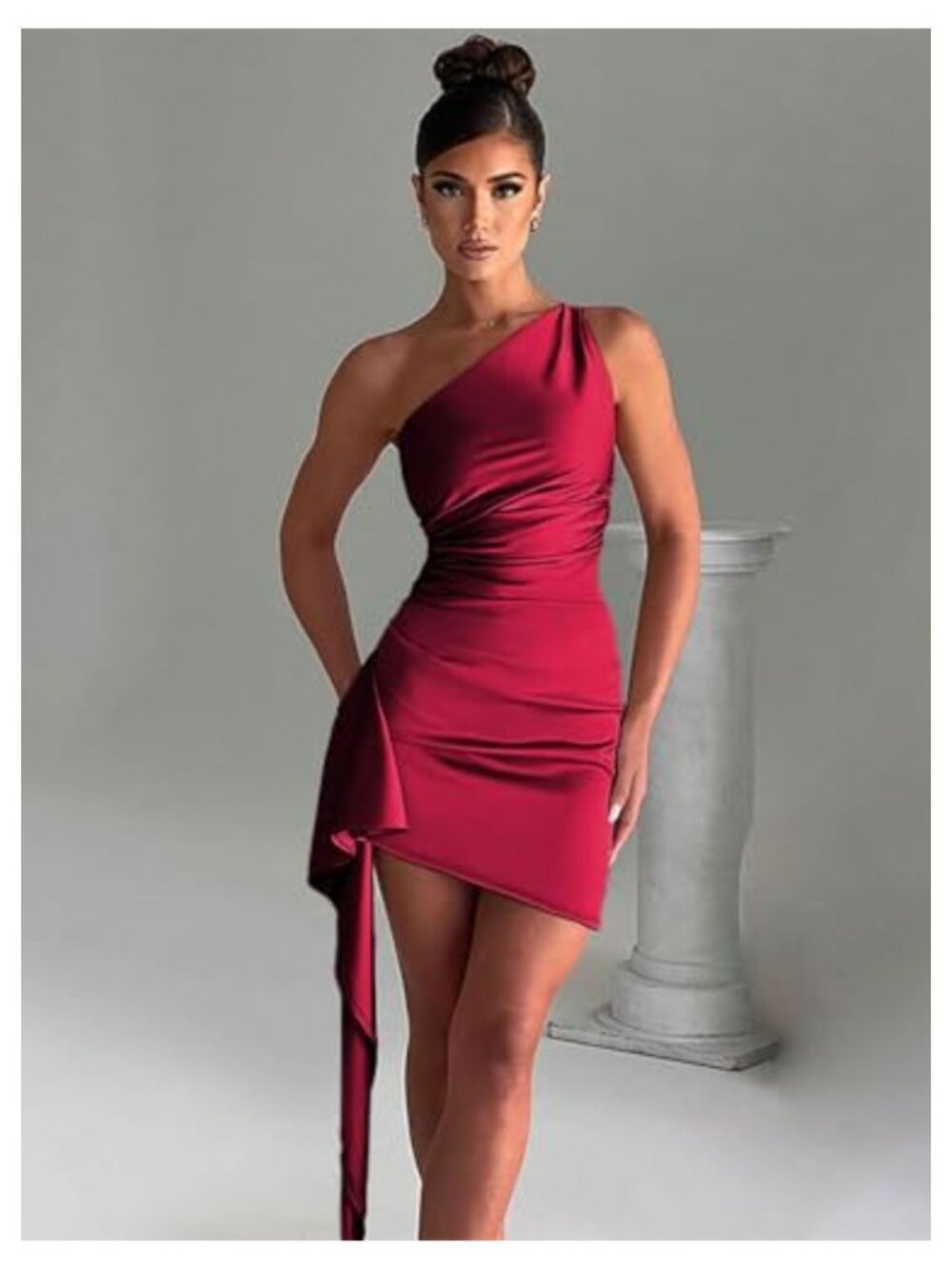 One Shoulder Ruffle Mini Dress Ruched Bodycon Party Club Cocktail - Picture 3 of 6